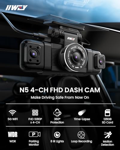 4 Channel Dash Cam 360° View, 1080P Front and Rear Inside, Left Right, Night Vision, 5G WiFi & APP Control I866