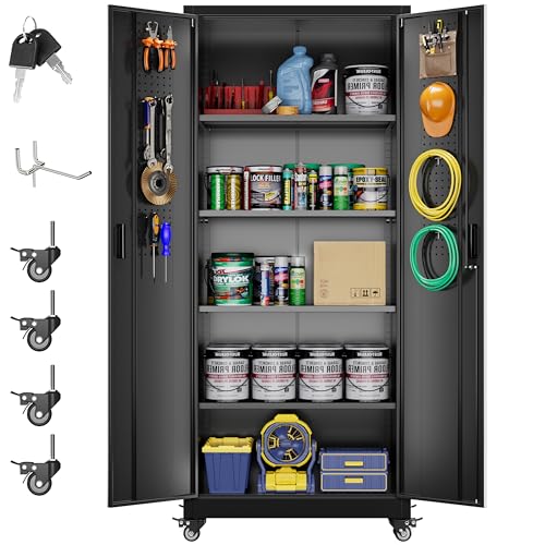 Garage Storage Cabinet with Wheels, 72" H, 2 Doors, 4 Adjustable Shelves, Black Q104