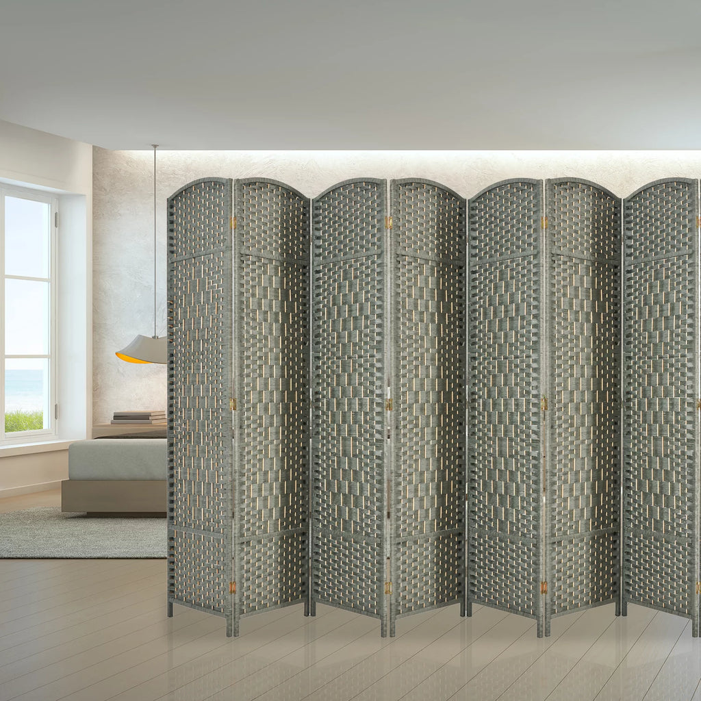 5.7ft Wood Fiber Woven Room Divider 8 Panels, Foldable Grey I3023