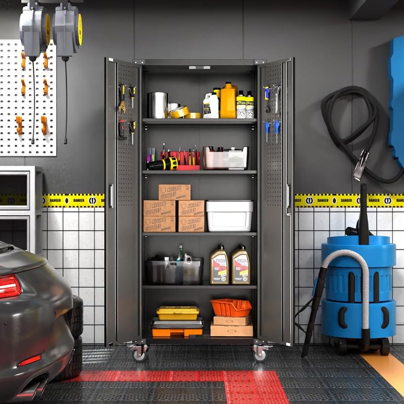 Garage Storage Cabinet with Wheels, 72" H, 2 Doors, 4 Adjustable Shelves, Black Q104