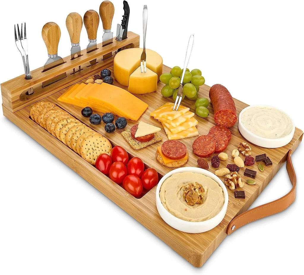 Bamboo Cheese Board with Knife Set and Ceramic Bowls R1757