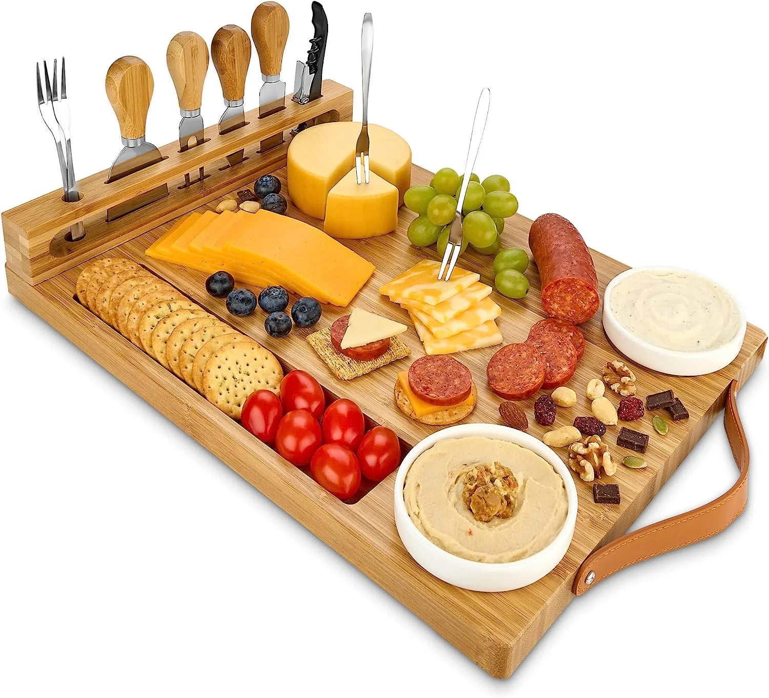 Bamboo Cheese Board with Knife Set and Ceramic Bowls R1757