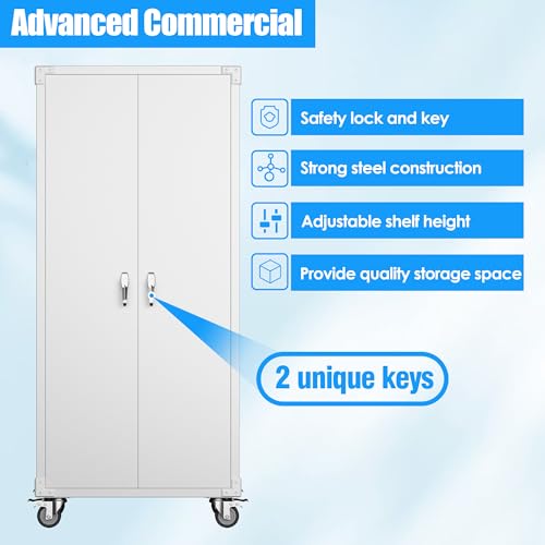 Metal Storage Cabinet with Wheels, 73" H, Locking Doors and Adjustable Shelves C8462