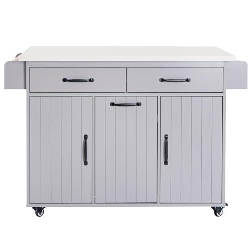 Farmhouse Kitchen Island with Drop Leaf, Barn Door and Wheels O34026