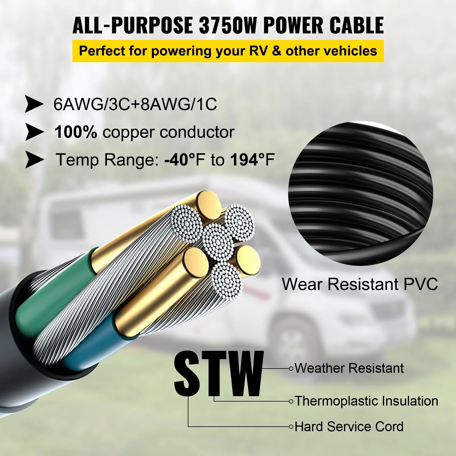 50 ft 50 Amp RV Shore Power Extension Cord, Weatherproof Heavy Duty Twist Lock Y966