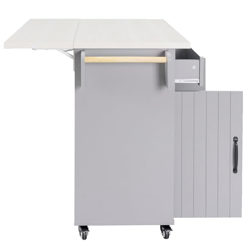 Farmhouse Kitchen Island with Drop Leaf, Barn Door and Wheels O34026