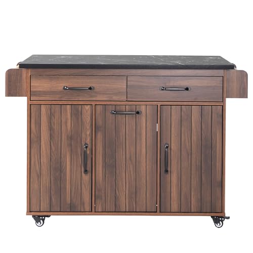Farmhouse Kitchen Island with Drop Leaf, Barn Door and Wheels O34026