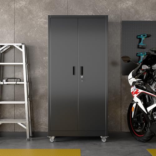 Garage Storage Cabinet with Wheels, 72" H, 2 Doors, 4 Adjustable Shelves, Black Q104