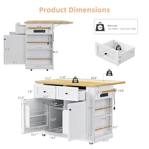 Kitchen Island Cart with Drop Leaf, Power Outlet, and 5 Storage Shelves Z644898