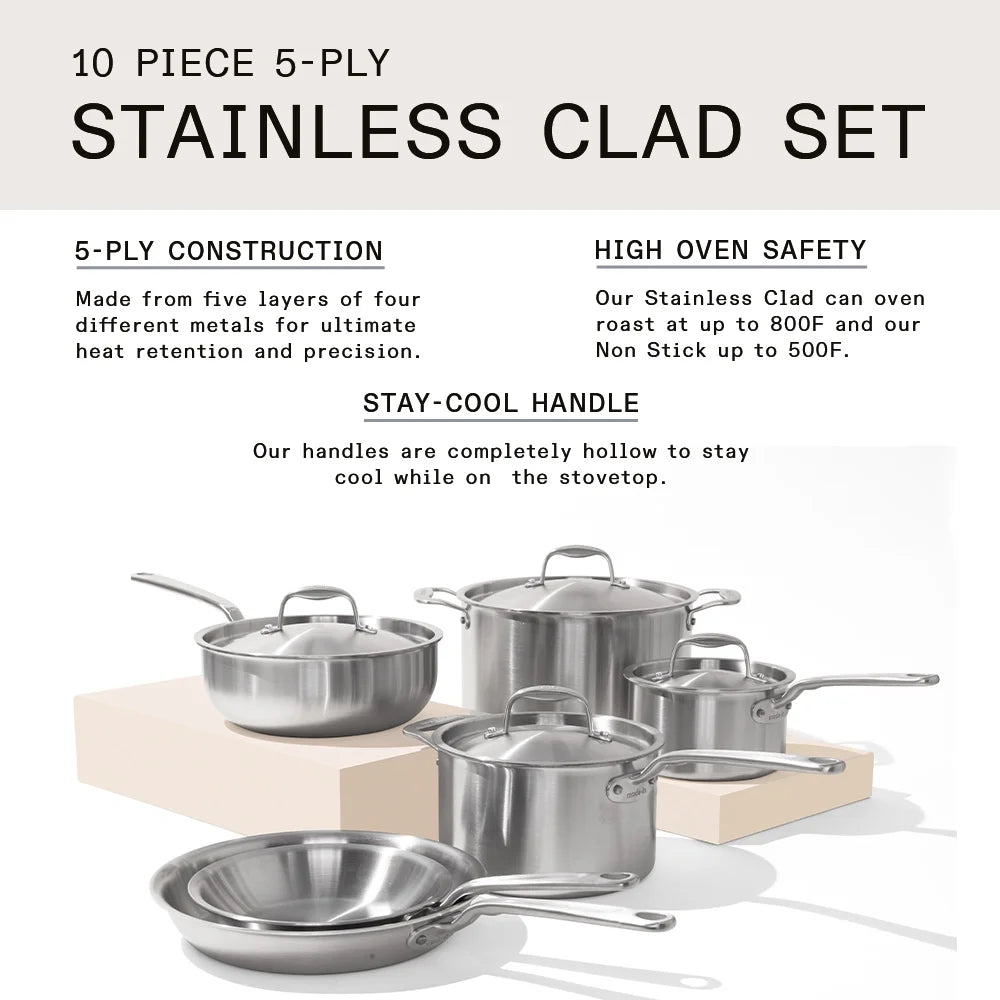 10 Pc Stainless Steel Pot Pan Set, 5 Ply Clad W44128