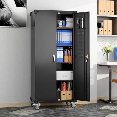 Garage Storage Cabinet with Wheels, 72" H, 2 Doors, 4 Adjustable Shelves, Black Q104