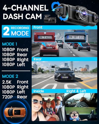 4 Channel Dash Cam 360° View, 1080P Front and Rear Inside, Left Right, Night Vision, 5G WiFi & APP Control I866