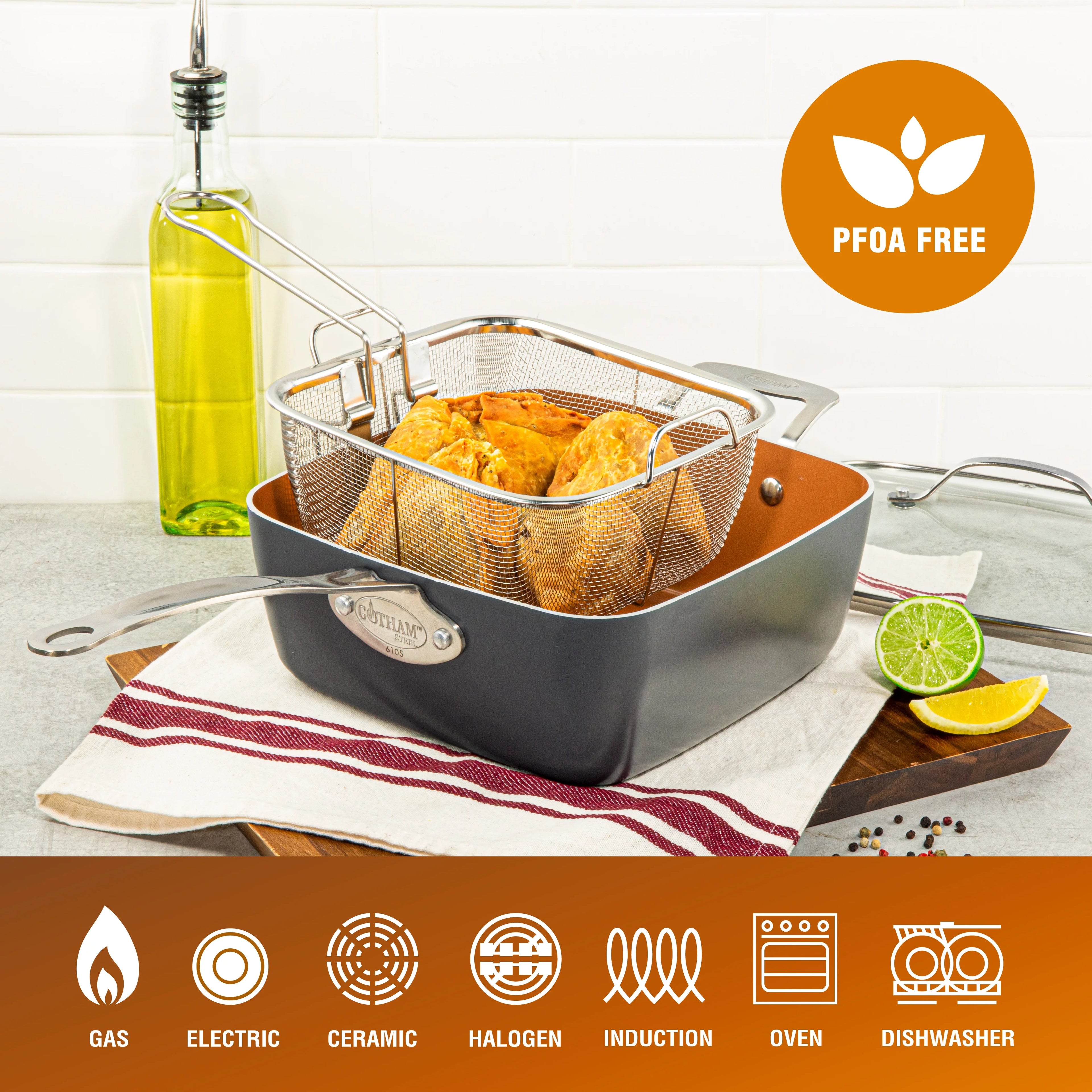6 Qt Nonstick Deep Square Casserole Pan with Frying Basket and Steamer Tray J702252