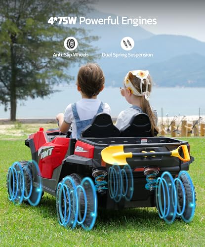 24V Ride on Car 2 Seater with Sun Shade, Dump Bed & Shovel, 4WD Electric Truck for Kids F44284