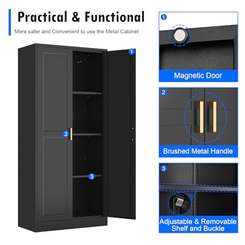 Tall Kitchen Storage Cabinet with Doors and Adjustable Shelves, Black Freestanding Cupboard X34021