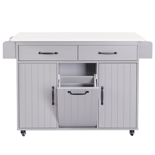 Farmhouse Kitchen Island with Drop Leaf, Barn Door and Wheels O34026