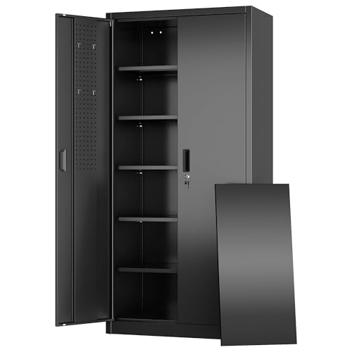 Garage Storage Cabinet with Wheels, 72" H, 2 Doors, 4 Adjustable Shelves, Black Q104