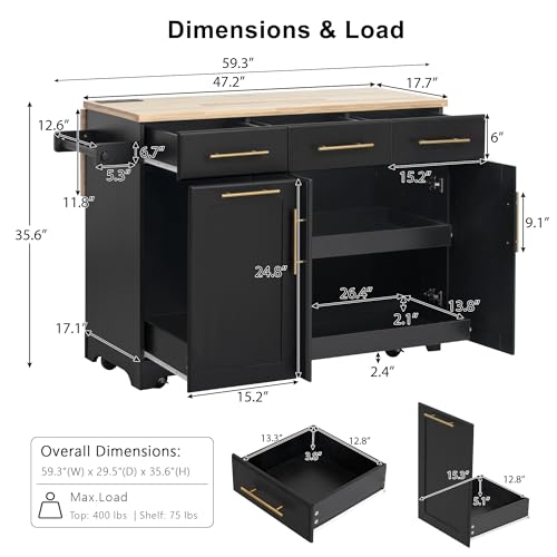 Farmhouse Kitchen Island with Drop Leaf, Barn Door and Wheels O34026