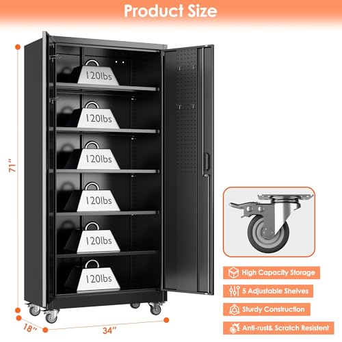 Metal Storage Cabinet with Wheels, 73" H, Locking Doors and Adjustable Shelves C8462