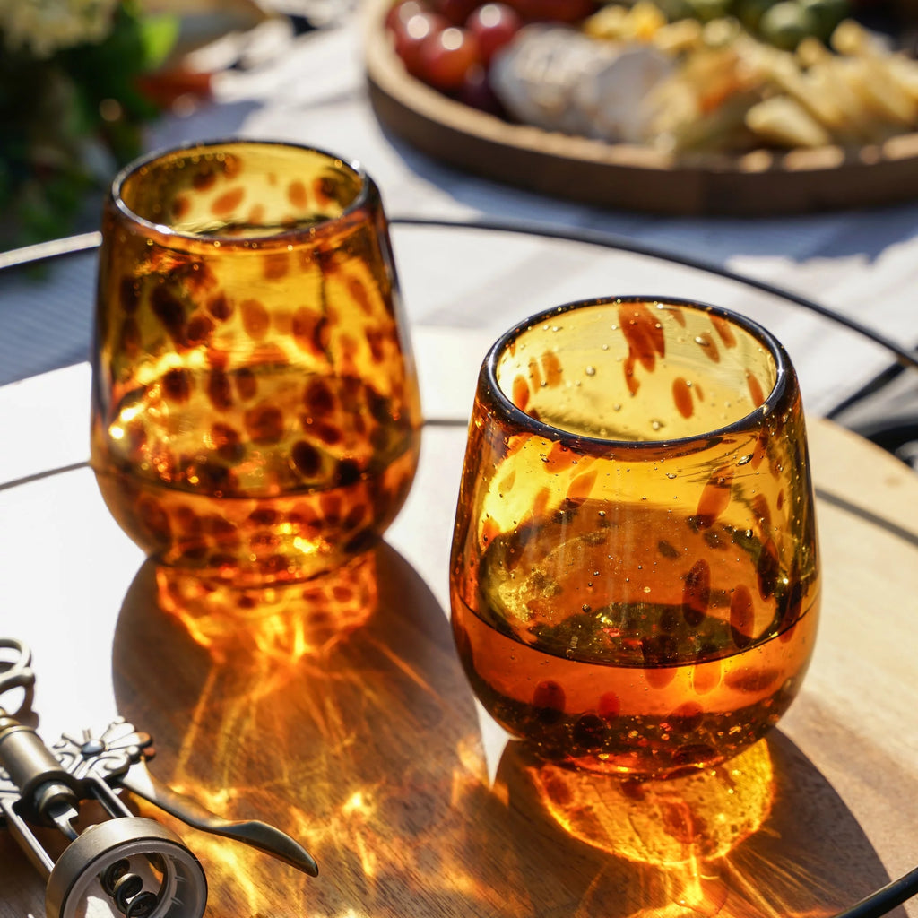 Tortoise Shell Stemless Wine Glasses Set - Hand Blown Recycled Glass, 13oz, Set of 2 S726
