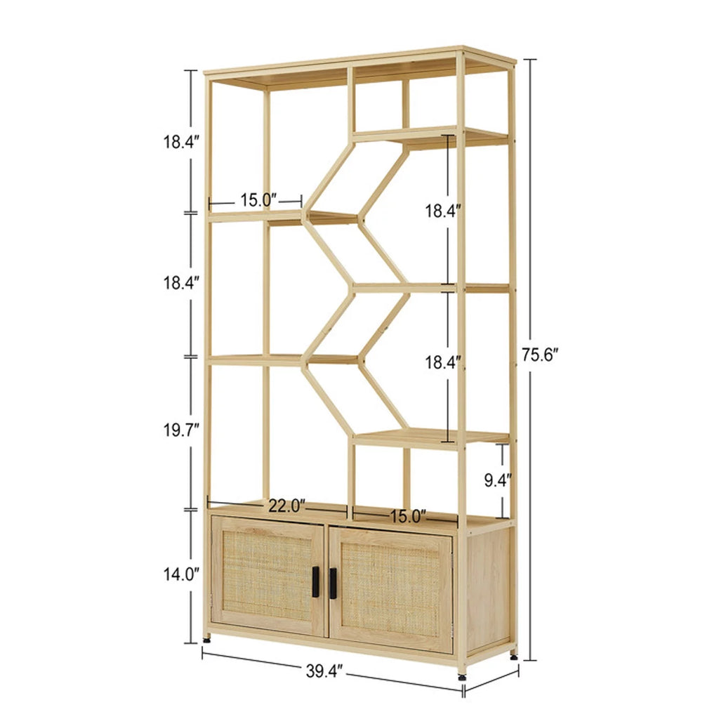 Rattan Bookshelf 7 Tiers with Storage Cabinet and Doors T2268
