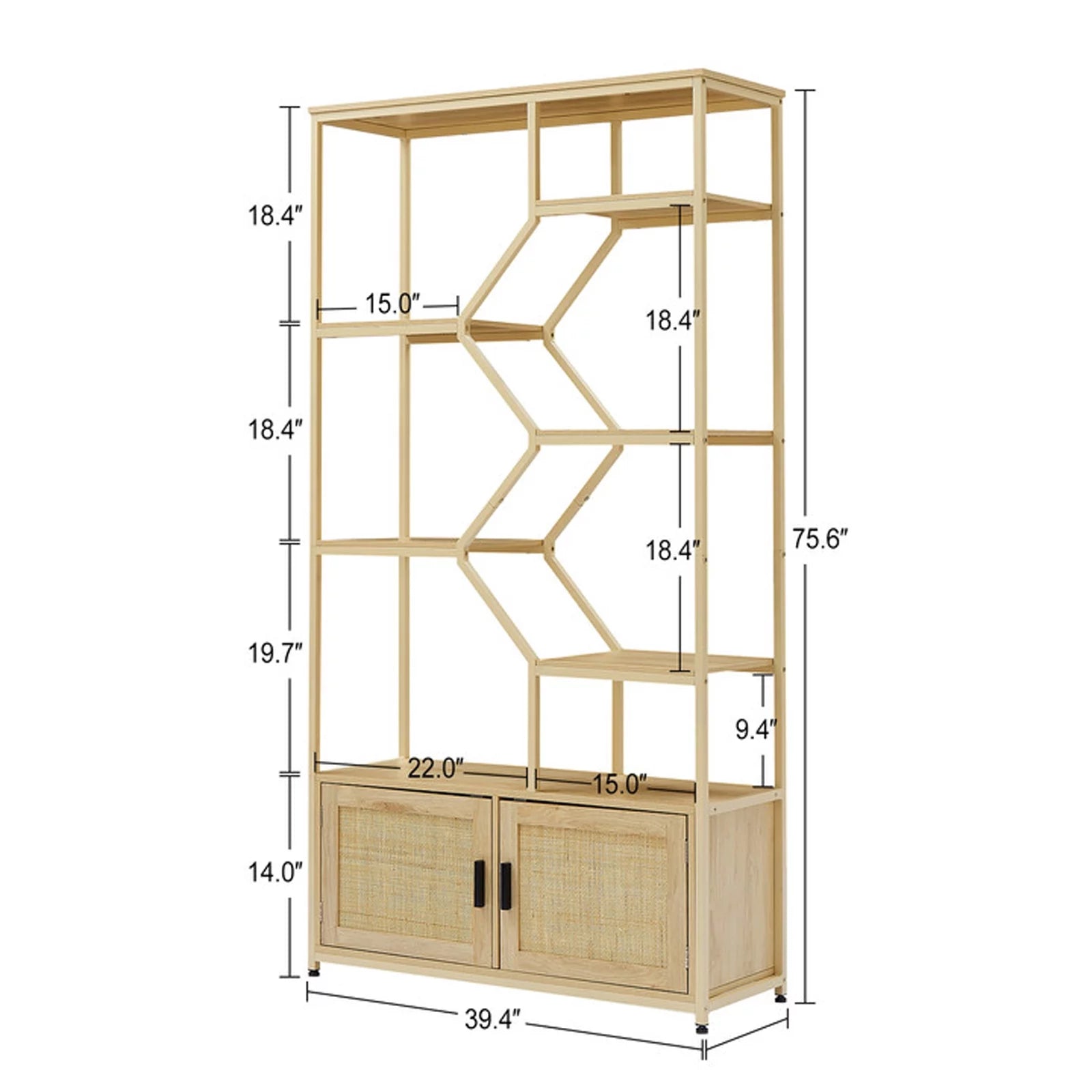 Rattan Bookshelf 7 Tiers with Storage Cabinet and Doors T2268
