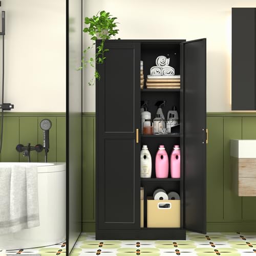 Tall Kitchen Storage Cabinet with Doors and Adjustable Shelves, Black Freestanding Cupboard X34021