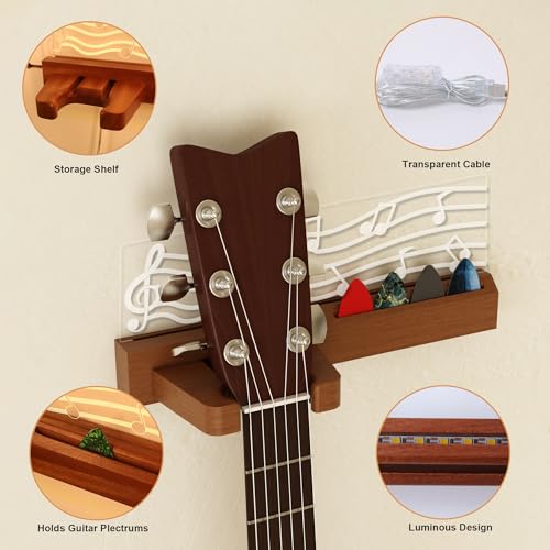 Guitar Wall Mount Stand with LED Lights, Solid Wood & Acrylic, USB-Powered Z93098