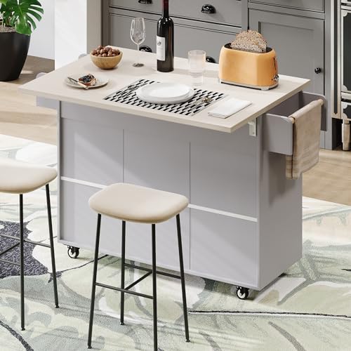 Farmhouse Kitchen Island with Drop Leaf, Barn Door and Wheels O34026