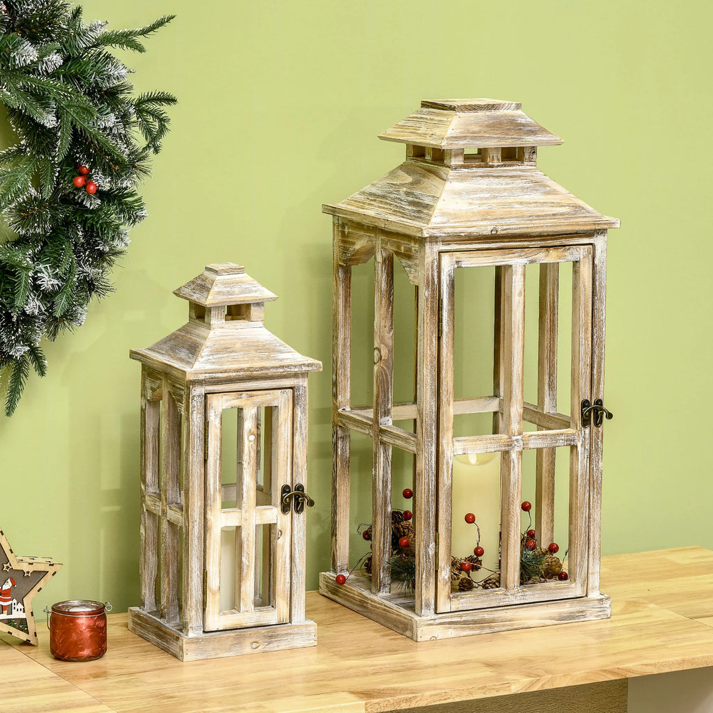 Rustic Wooden Lantern 2-Pack for Indoor Outdoor Decor F28564