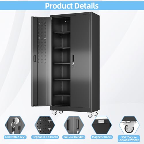 Garage Storage Cabinet with Wheels, 72" H, 2 Doors, 4 Adjustable Shelves, Black Q104