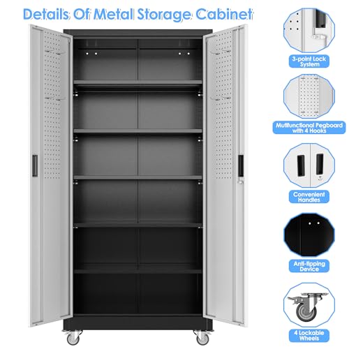 Garage Storage Cabinet with Wheels, 72" H, 2 Doors, 4 Adjustable Shelves, Black Q104