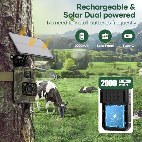 Solar Trail Camera 48MP 30FPS, WiFi Bluetooth Game Camera with Night Vision, IP66 Waterproof B4379