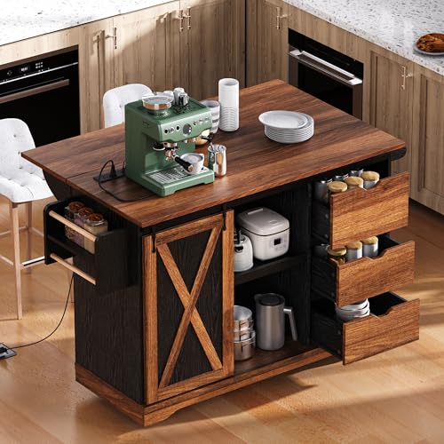 Farmhouse Kitchen Island with Drop Leaf, Barn Door and Wheels O34026