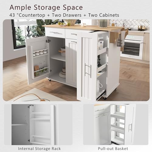 Large Kitchen Island with Drop Leaf, Rolling Cart, Power Outlet R822