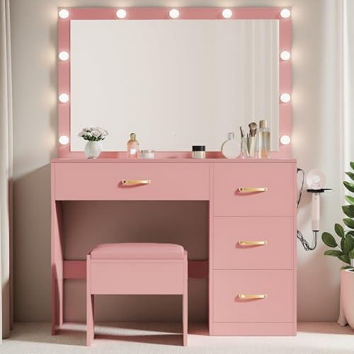 Vanity Desk Set with LED Mirror, Makeup Table with Drawers and Stool D406695