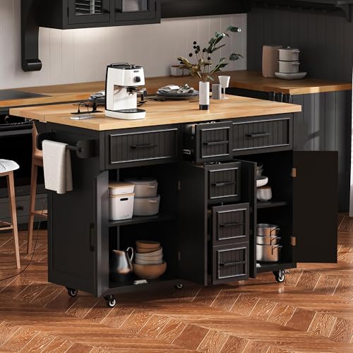 Kitchen Island Cart with Drop Leaf, Power Outlet, and 5 Storage Shelves Z644898