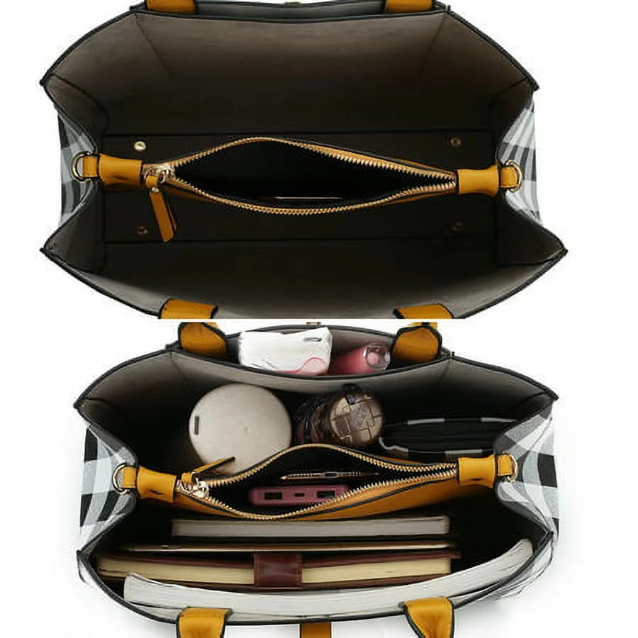 Vegan Leather Checkered Satchel Bag with Wallet 2 Piece Set Y922069