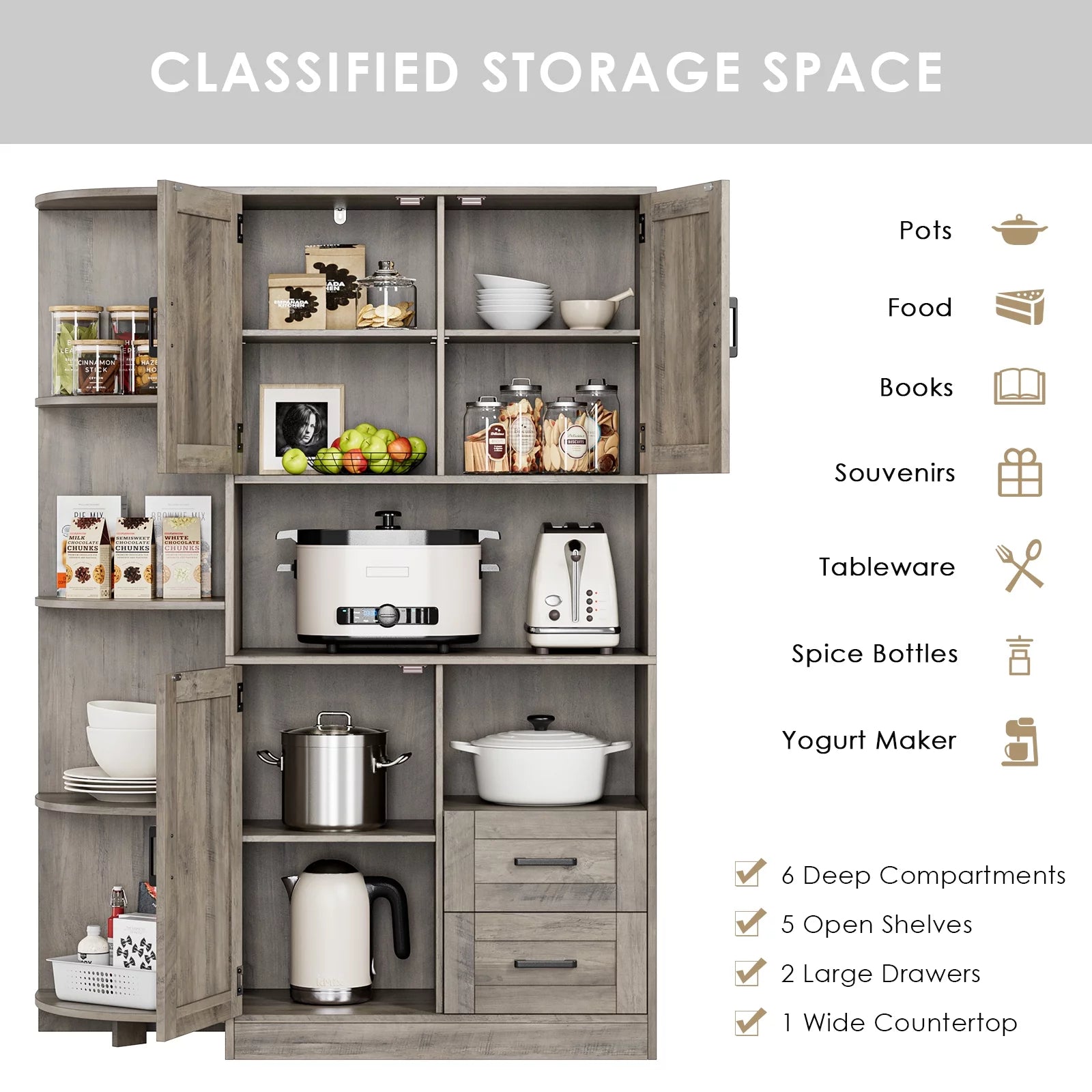 Large Kitchen Pantry with Adjustable Shelves, Tall Storage Cabinet X337106