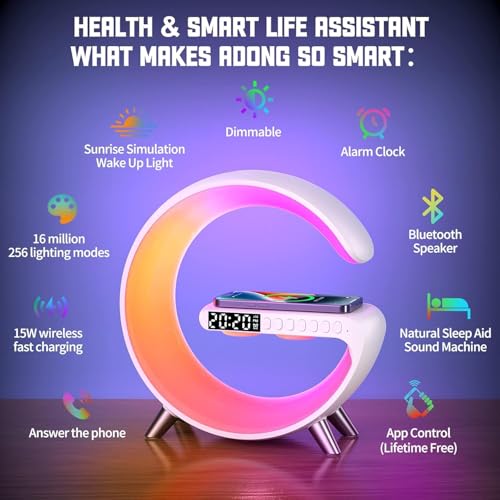 Smart LED Table Lamp with Wireless Charger, Alarm Clock, and Bluetooth Speaker J618863