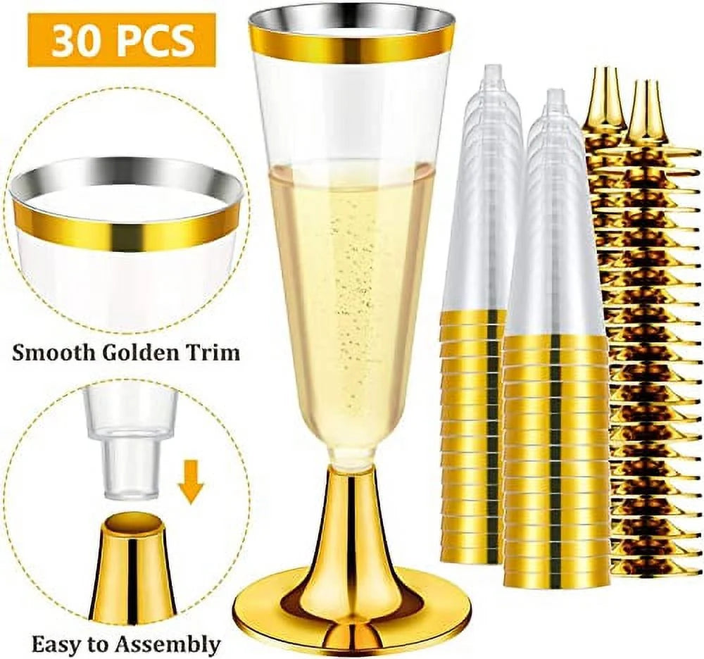 30 Pcs Plastic Champagne Flutes, 150ml Gold Stemmed Party Cups H521349