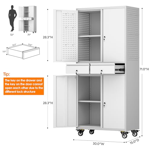 Metal Storage Cabinet with Wheels, 73" H, Locking Doors and Adjustable Shelves C8462