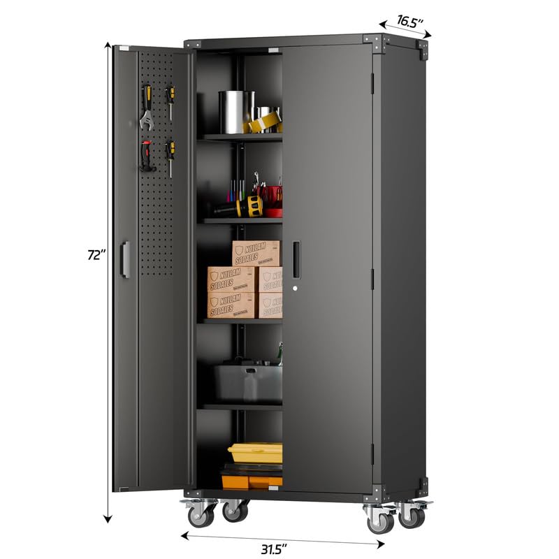Garage Storage Cabinet with Wheels, 72" H, 2 Doors, 4 Adjustable Shelves, Black Q104