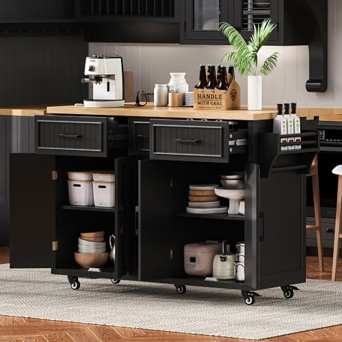 Kitchen Island Cart with Drop Leaf, Power Outlet, and 5 Storage Shelves Z644898