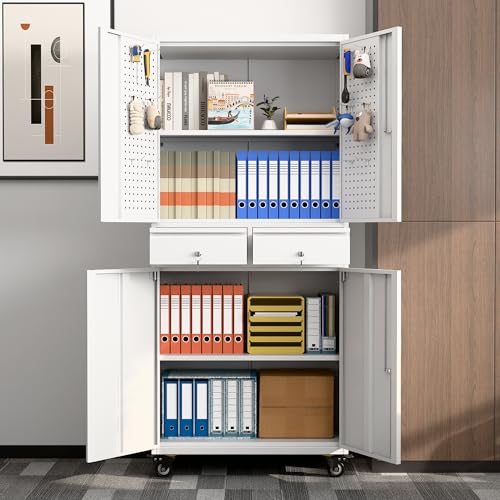 Metal Storage Cabinet with Wheels, 73" H, Locking Doors and Adjustable Shelves C8462