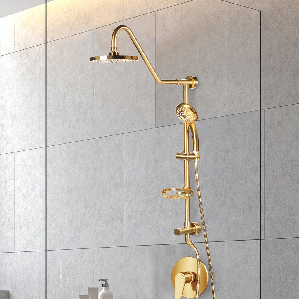 Kauai III Shower System with 8" Rain Showerhead, 5-Function Hand Shower, Adjustable Slide Bar and Soap Dish, Brushed Gold Finish H53812