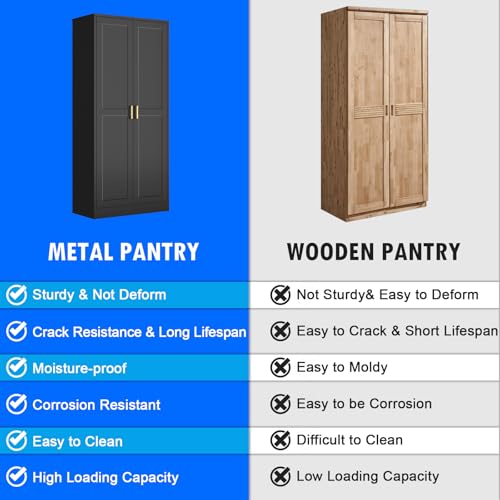 Tall Kitchen Storage Cabinet with Doors and Adjustable Shelves, Black Freestanding Cupboard X34021