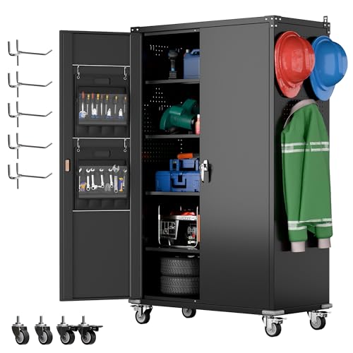 Metal Storage Cabinet with Wheels, 73" H, Locking Doors and Adjustable Shelves C8462