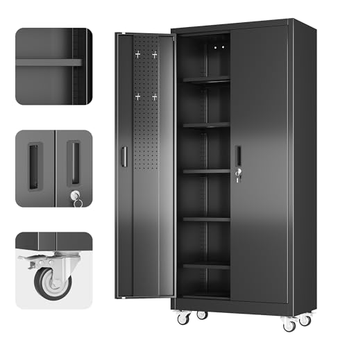 Metal Storage Cabinet with Wheels, 73" H, Locking Doors and Adjustable Shelves C8462