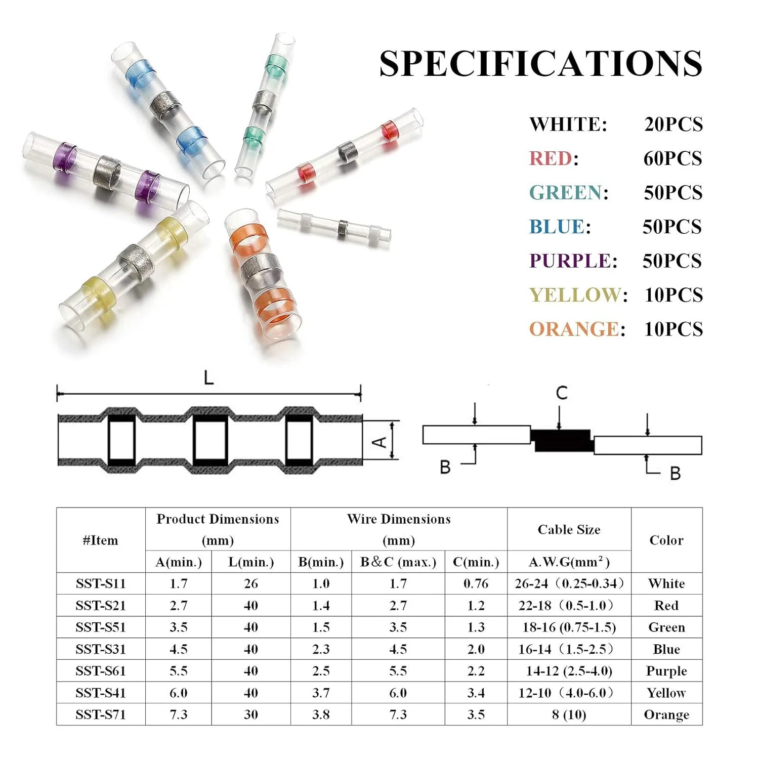 250PCS Solder Seal Wire Connectors, Self-Solder Heat Shrink Butt Splice, Waterproof Electrical Wire Terminals I692248